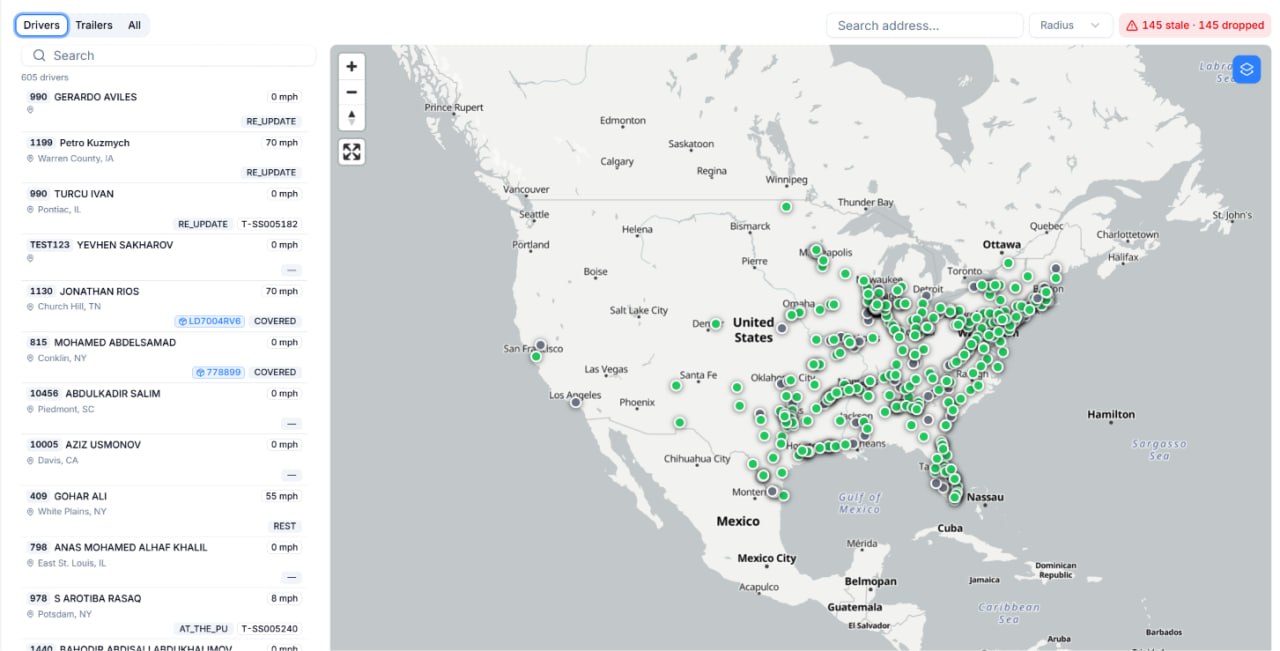 BaseLine TMS — live fleet map with driver tracking