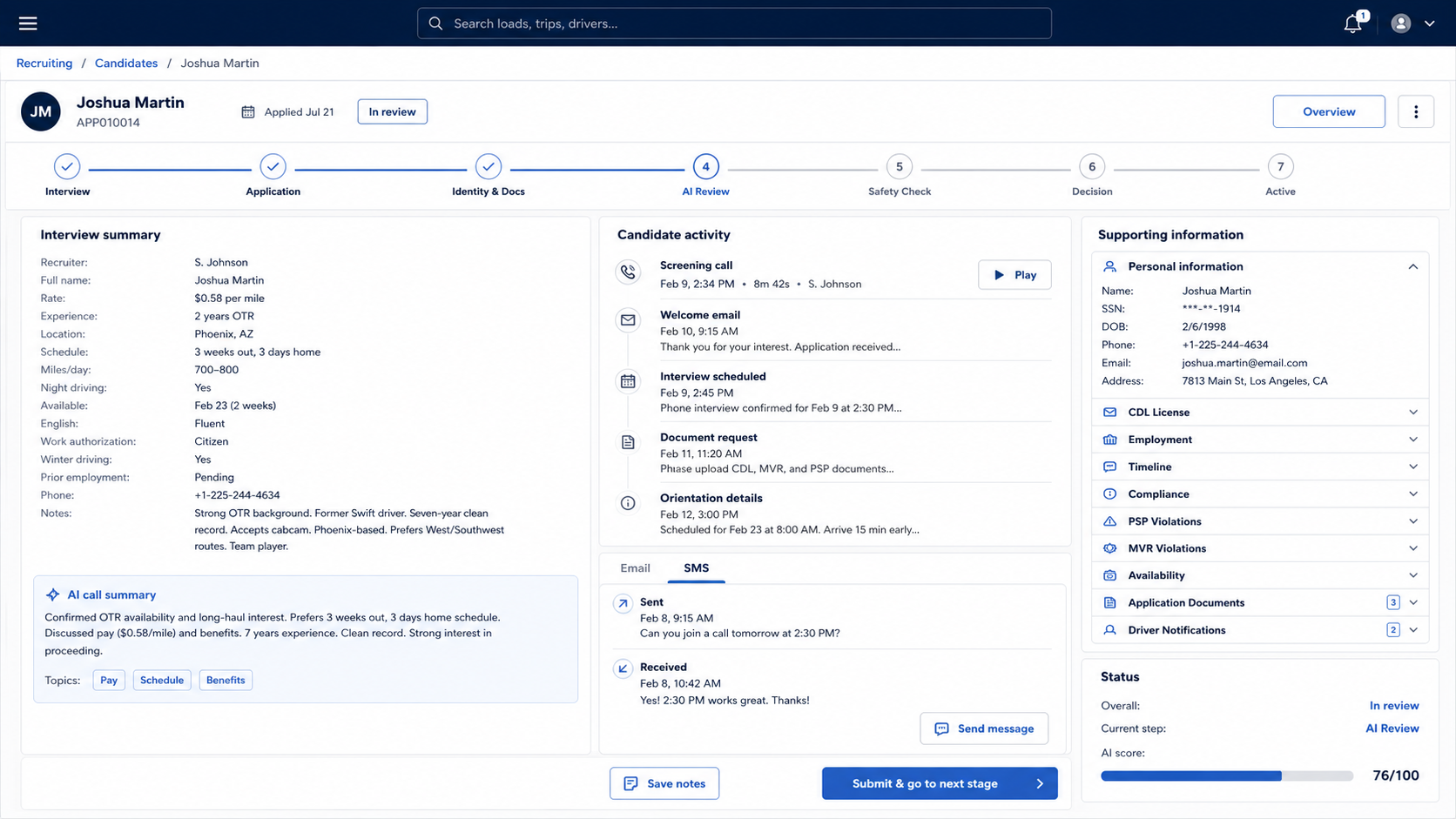 Driver recruiting — candidate pipeline and onboarding